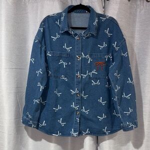 Blue Denim Shirt with White Bow Print